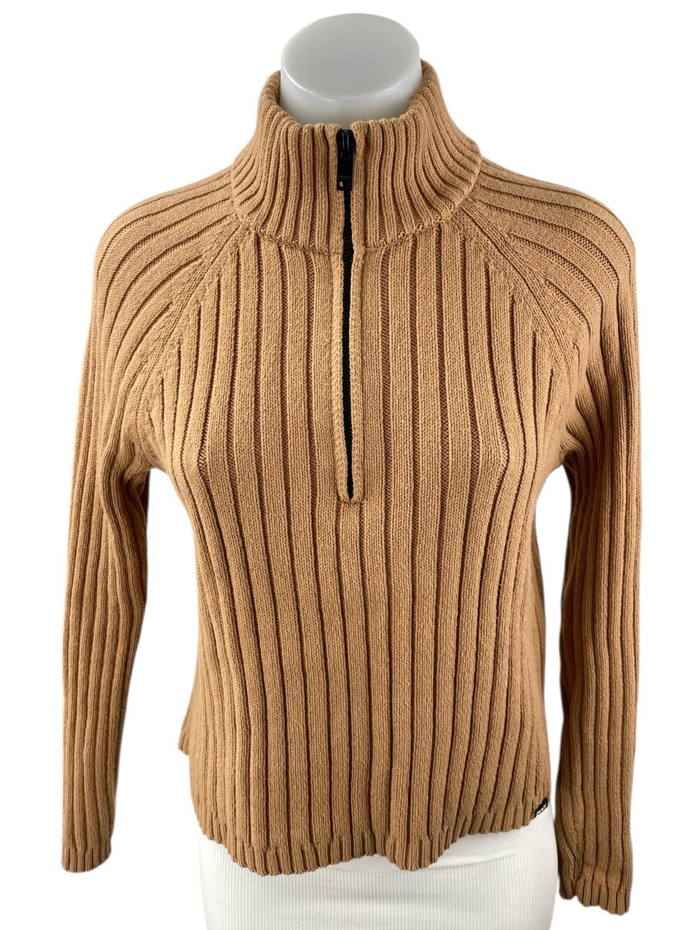 DKNY Sport Womens Brown Ribbed Knit Half Zip Mock Neck Long Sleeve Sweater Top M